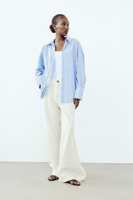 ZARA РУБАШКА ИЗ ПОПЛИНА В ПОЛОСКУ, СИНИЙ