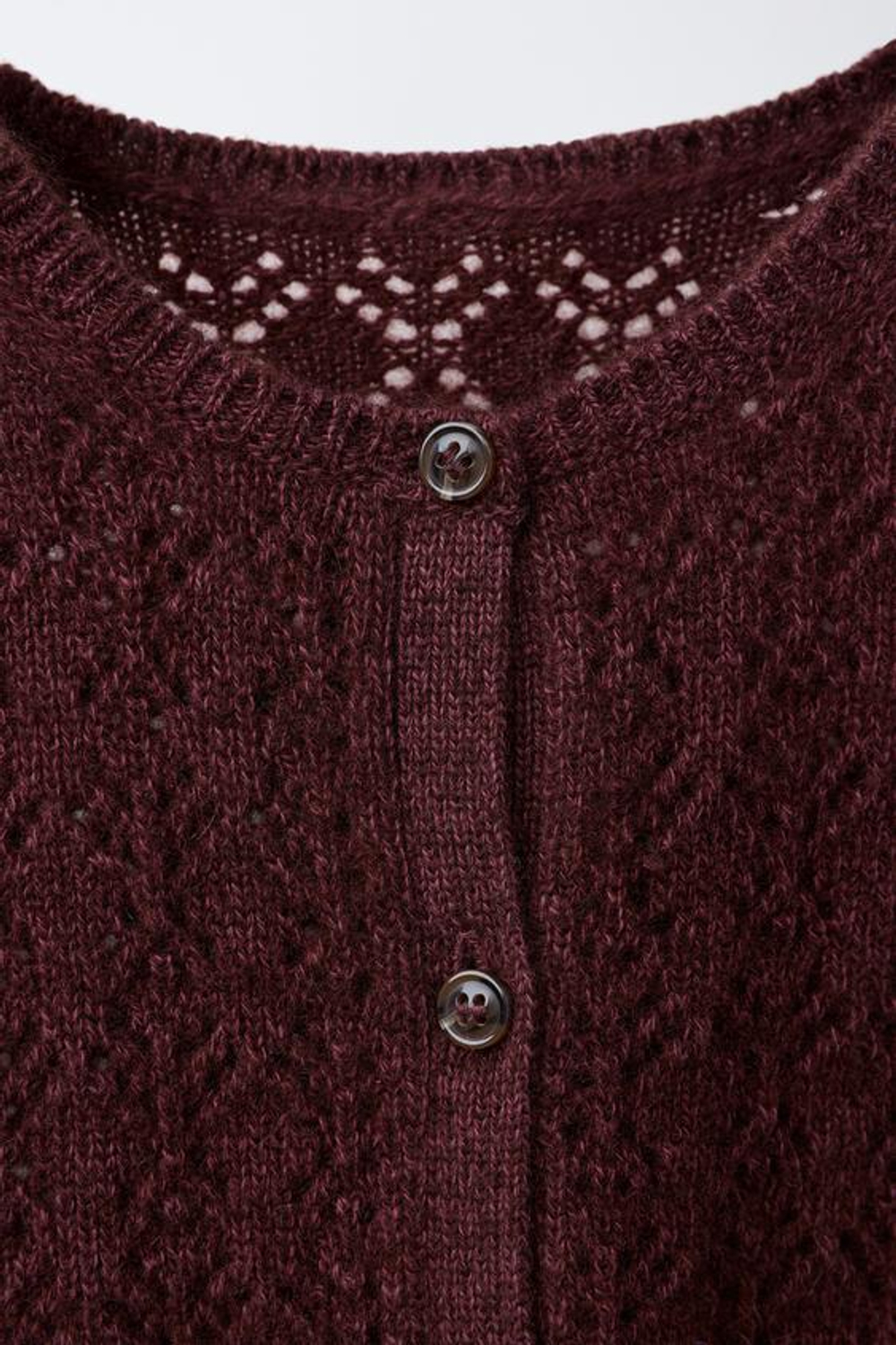 ZARA ВЯЗАНЫЙ АЖУРНЫЙ КАРДИГАН С КАШЕМИРОМ, БАКЛАЖАННЫЙ