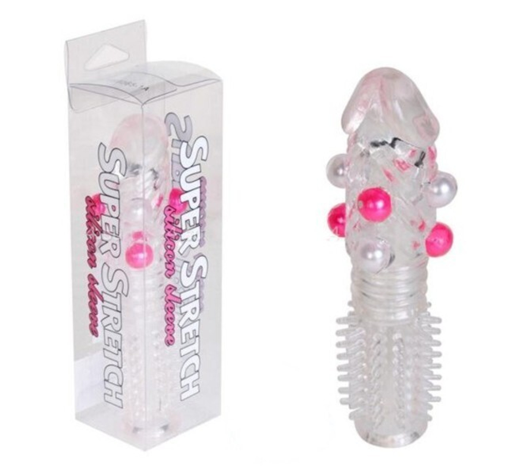Стимулирующая насадка на пенис с бусинами Super Stretch (14 см, прозрачный) (Цвет: прозрачный)