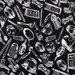 Фартук «Гриль» поварёшки и кастрюли на чёрном фоне