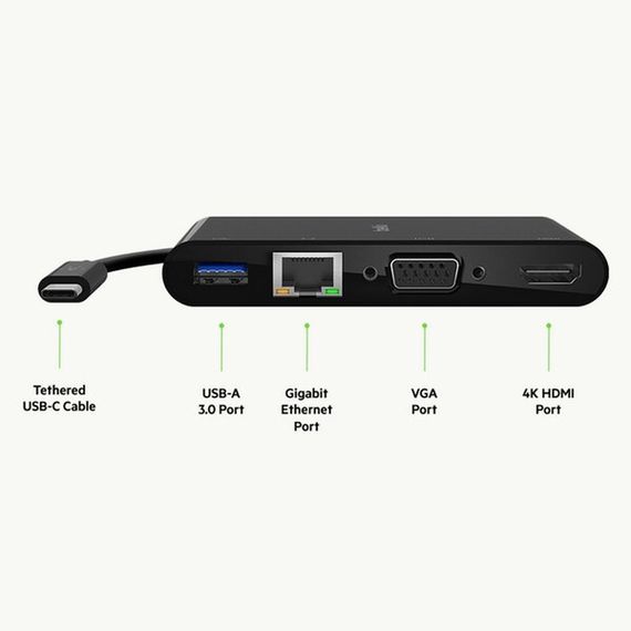 Адаптер Belkin USB-C - Ethernet, HDMI, VGA, USB-A, (AVC005BTBK), черный