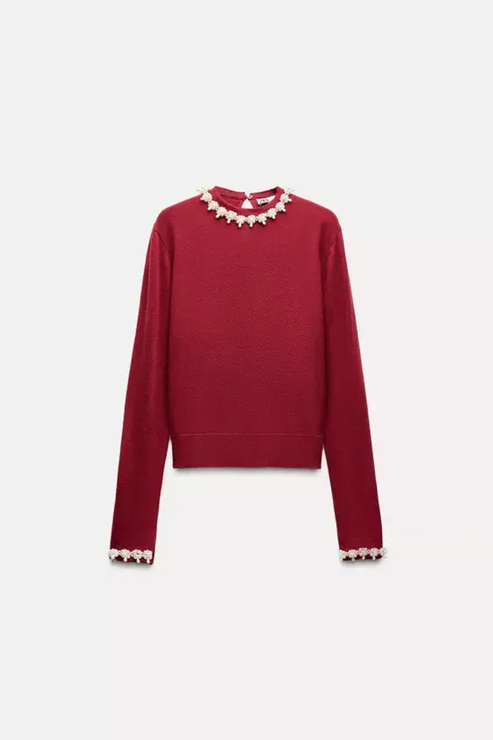 ZARA ОДНОТОННЫЙ СВИТЕР С БУСИНАМИ, ТЕМНО-РОЗОВЫЙ