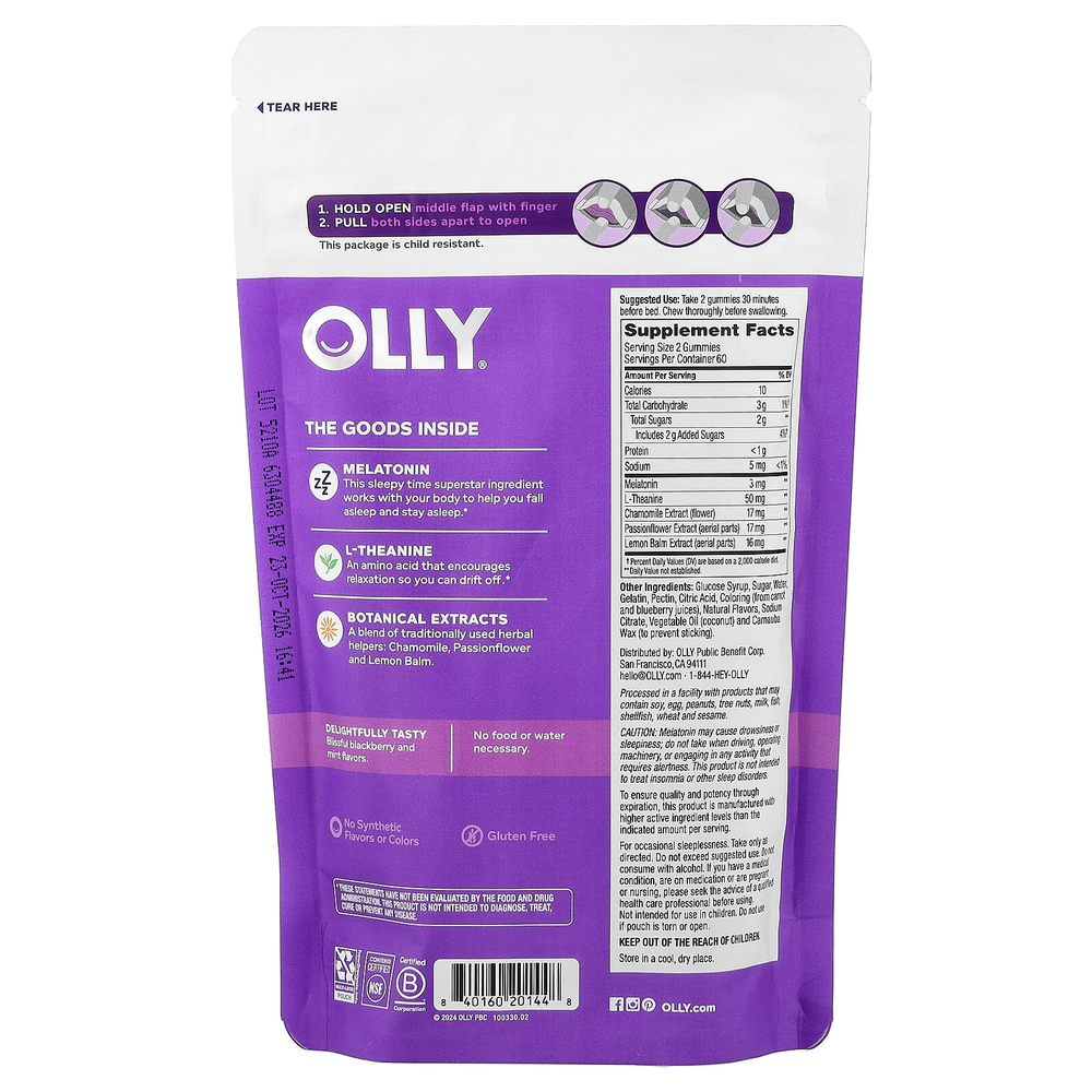 OLLY, жевательные таблетки для сна, со вкусом ежевики, 120 жевательных таблеток