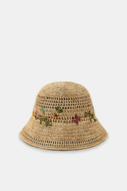 ZARA ПАНАМА С ВЫШИВКОЙ ЦВЕТОВ, СВЕТЛО-БЕЖЕВЫЙ