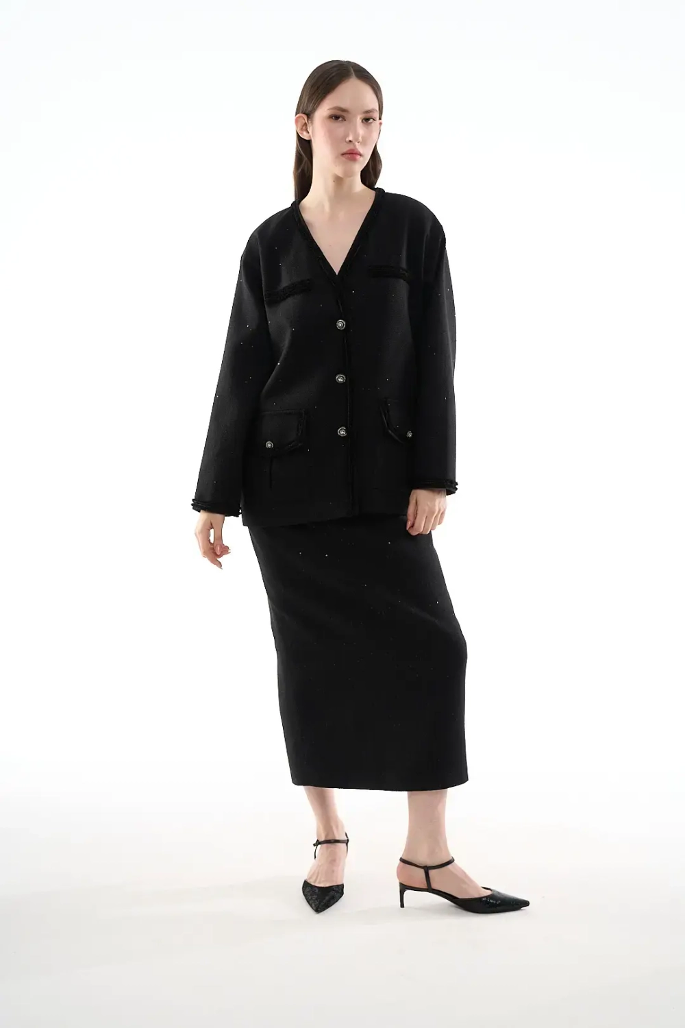 Черный жакет-тулуп с эффектом мерцания