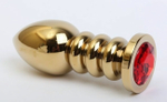 Золотистая фигурная анальная пробка с красным стразом - 10,3 см. (Цвет: красный)