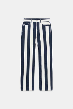 ZARA ДЖИНСЫ ПРЯМОГО КРОЯ В ПОЛОСКУ — ZW COLLECTION, БЕЛЫЙ/МОРСКОЙ СИНИЙ