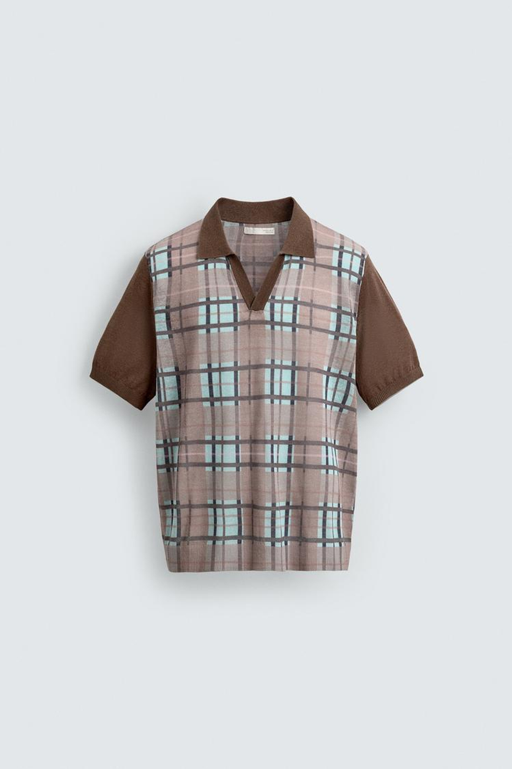 ZARA ТРИКОТАЖНОЕ ПОЛО В КЛЕТКУ С ПРИНТОМ, ТЕМНО-БЕЖЕВЫЙ