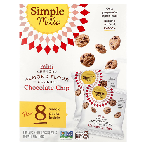 Simple Mills, хрустящее мини-печенье из миндальной муки, с шоколадной крошкой, 8 упаковок по 23 г (0,8 унции)