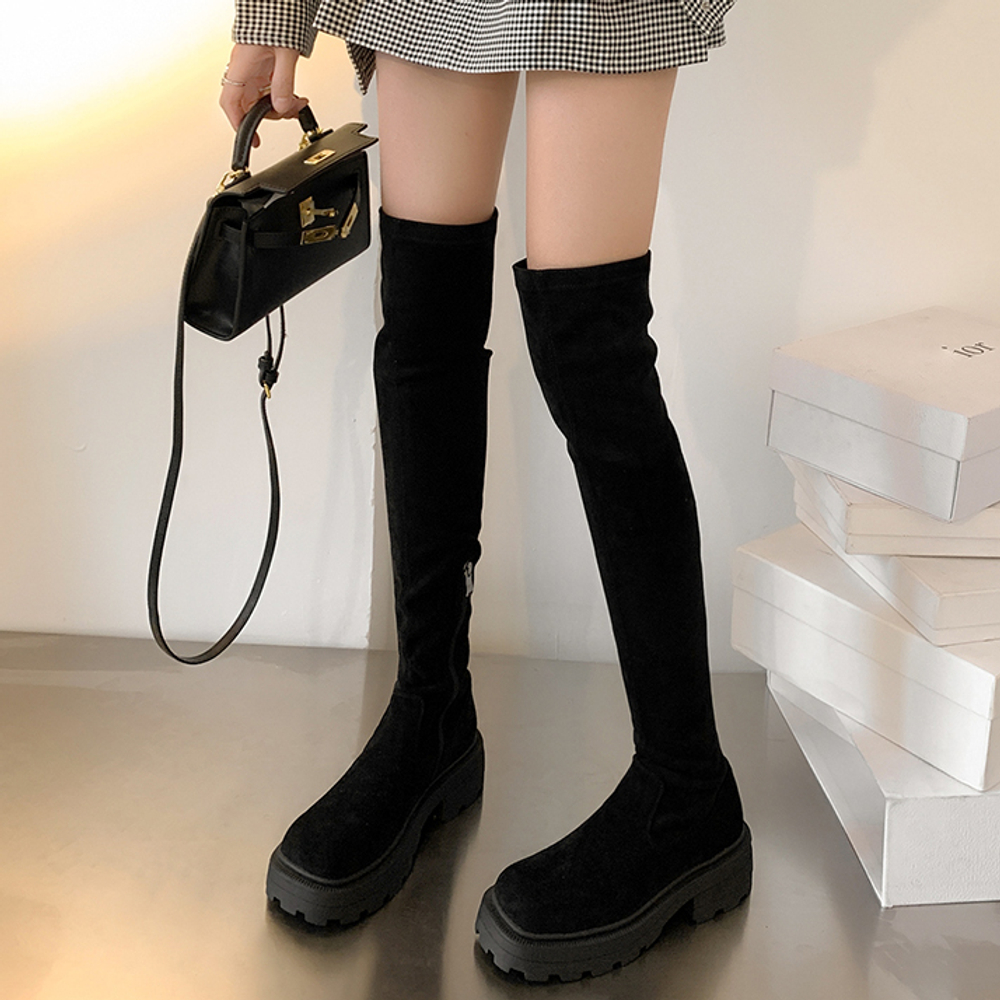 Slimming MINI YOOXI Long Shaft Boots Top Grain Pig Leather Over the knee Boots Medium Heel 3 5cm Women"s