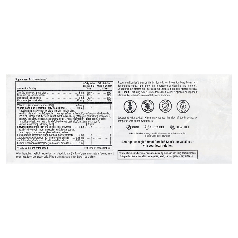 NaturesPlus, Animal Parade® Gold, жевательные мультивитамины для детей, с вишневым вкусом, 60 таблеток в форме животных