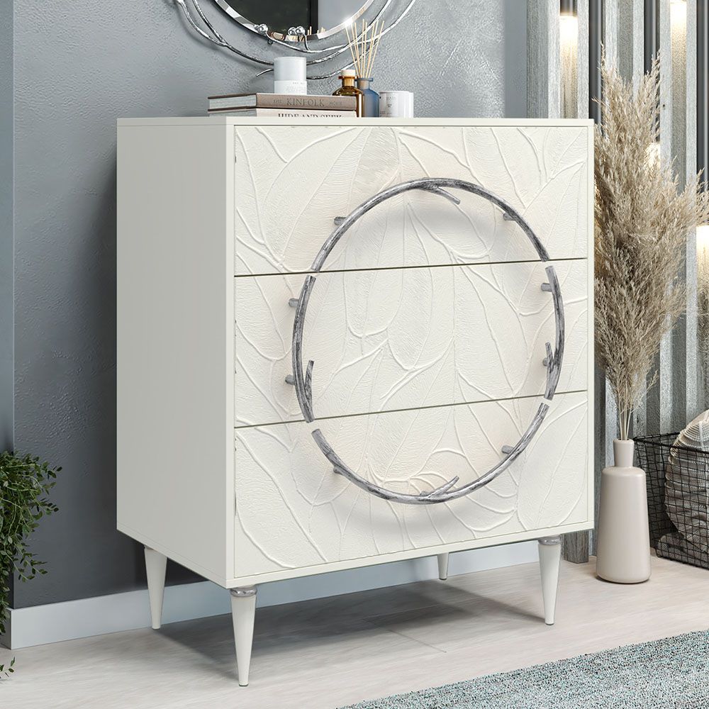 Комод Арт Колор leaves Классик Сильвер с 3 ящиками Белый опал