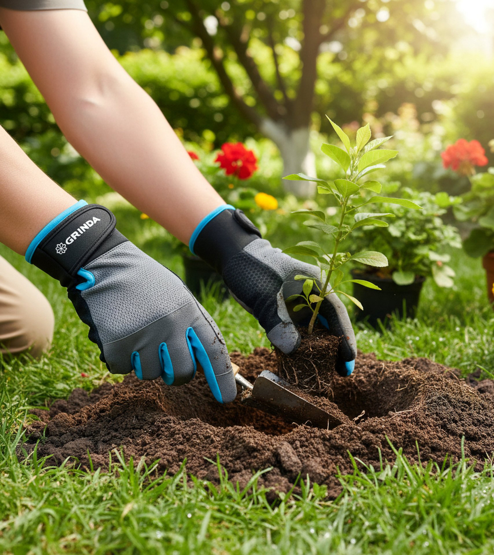 GRINDA FLORA, M (8), садовые перчатки из искусственной кожи с усиленным наладонником и кончиками пальцев, противоскользящие, PRO Line (1138-M)