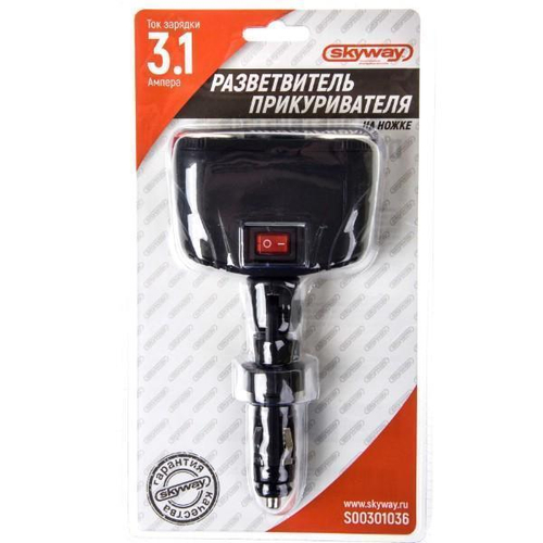 Прикуриватель 2 гнезда 12 В 2 USB 3,1А Skyway