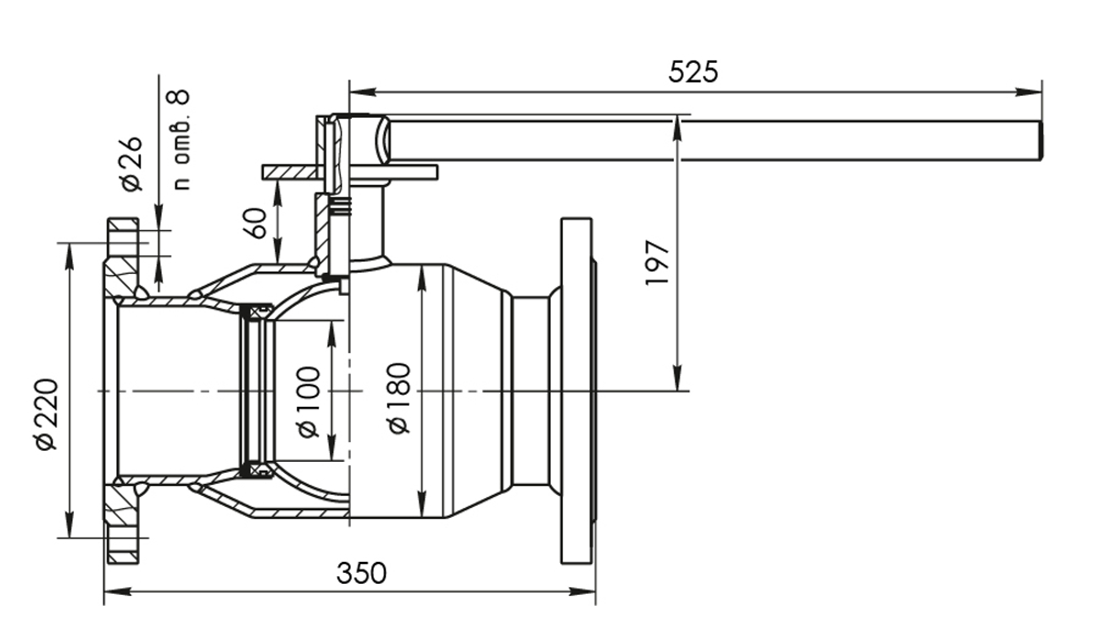 Кран шаровый Temper Ду125 Ру25 стандартнопроходной тип 284 фланцевый, ст. 20, L=350 мм