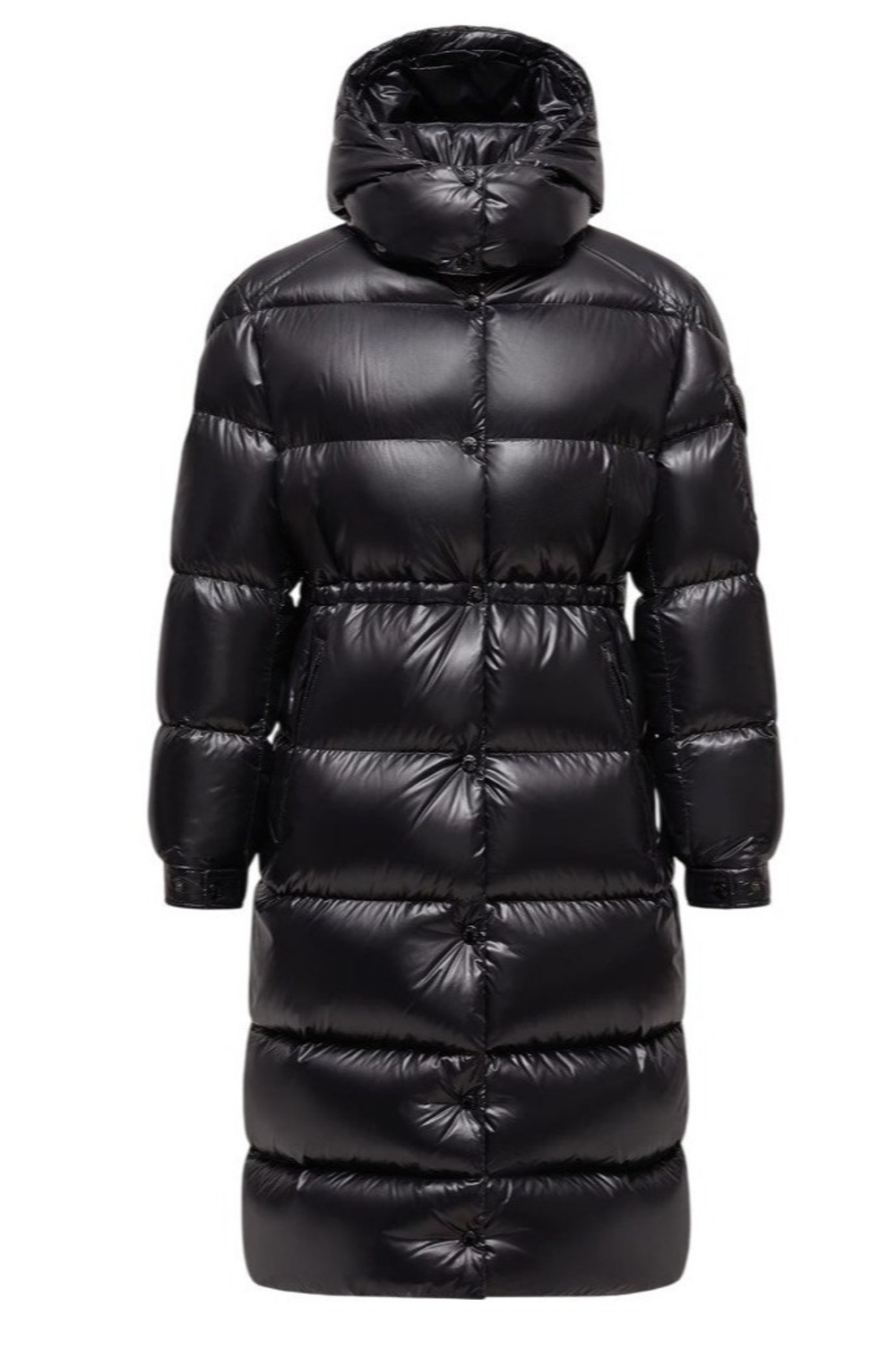 Женская длинная пуховая куртка с капюшоном из глянцевого нейлона от Moncler