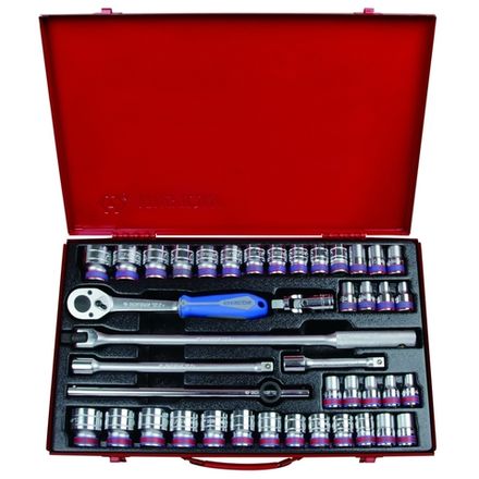 Цена на KING TONY (4042CR02) Набор торцевых головок с принадлежностями 1/2", двенадцатигранные, 10-32 мм, 5/16"-1-1/4", 42 предмета