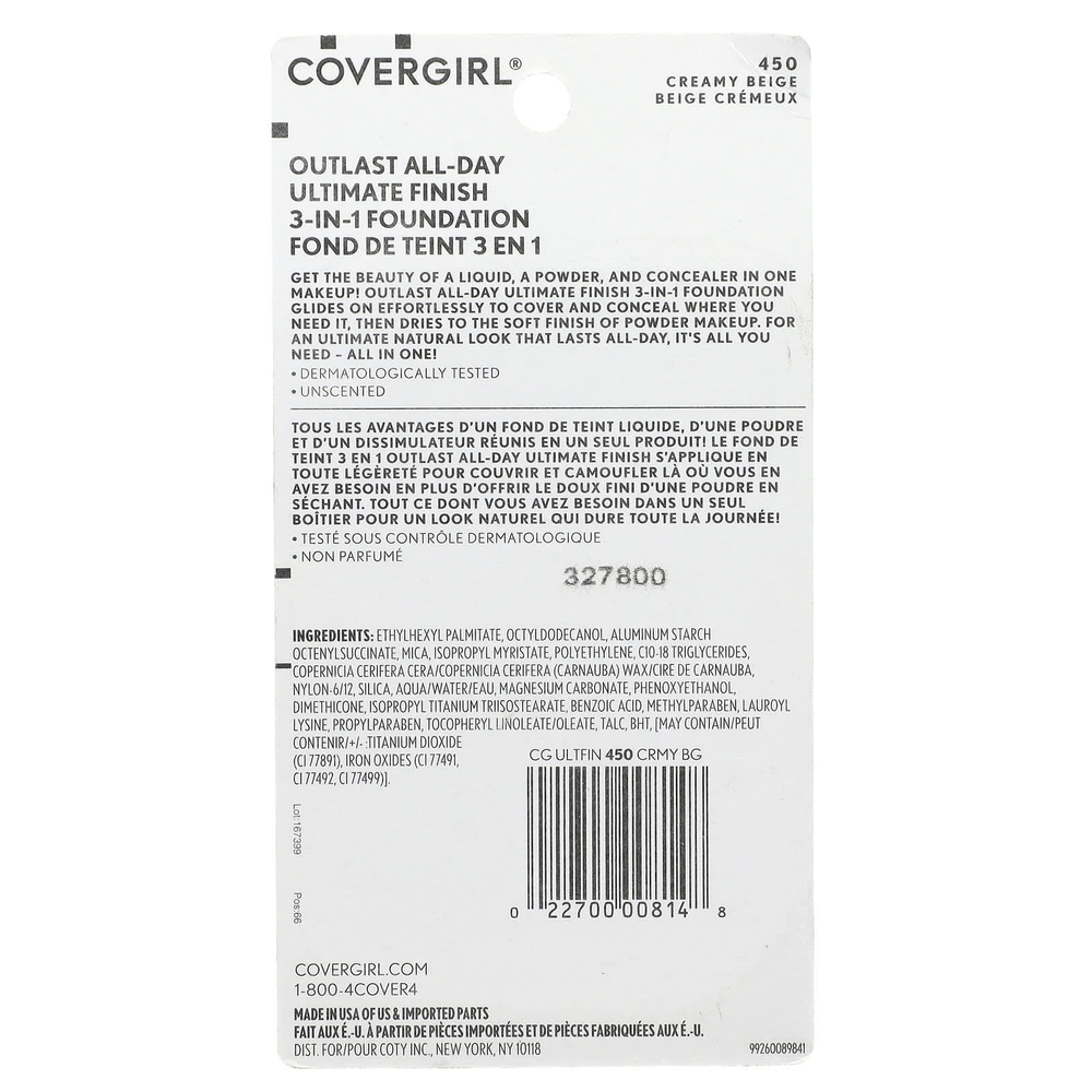 Covergirl, Outlast All-Day Ultimate Финиш, тональный крем 3 в 1, оттенок 450 кремово-бежевый, 11 г (0,4 унции)