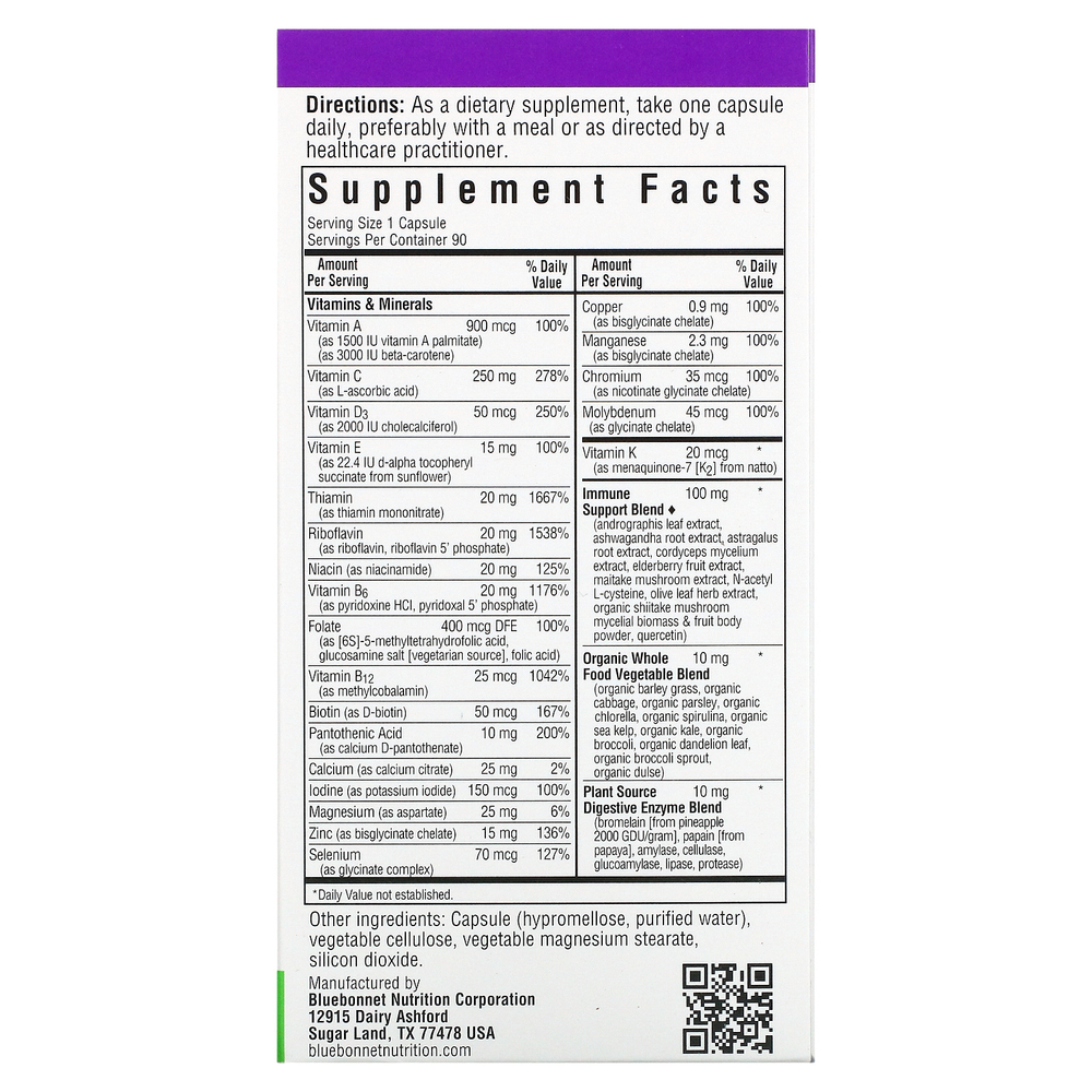 Bluebonnet Nutrition, Immune ONE, мультивитаминная добавка на основе цельных продуктов, 90 растительных капсул