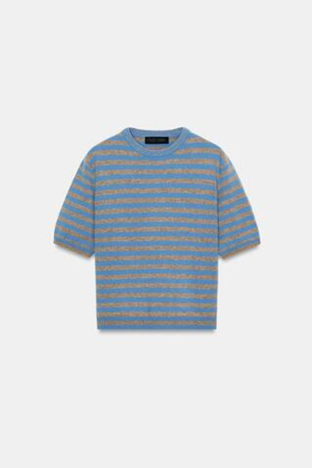 ZARA СВИТЕР ИЗ 100% ШЕРСТИ С КОРОТКИМИ РУКАВАМИ В ПОЛОСКУ, СЕРЫЙ/СИНИЙ