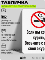 Табличка для частной территории "Если хотите курить, возьмите с собой окурки", на дом, для участка, для подъезда, организаций и частных территорий, 40х30 см, Silver Plane x Айдентика Технолоджи