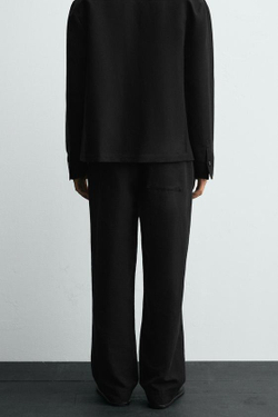 ZARA БРЮКИ КОСТЮМНЫЕ ИЗ ХЛОПКА И ЛЬНА, ЧЕРНЫЙ