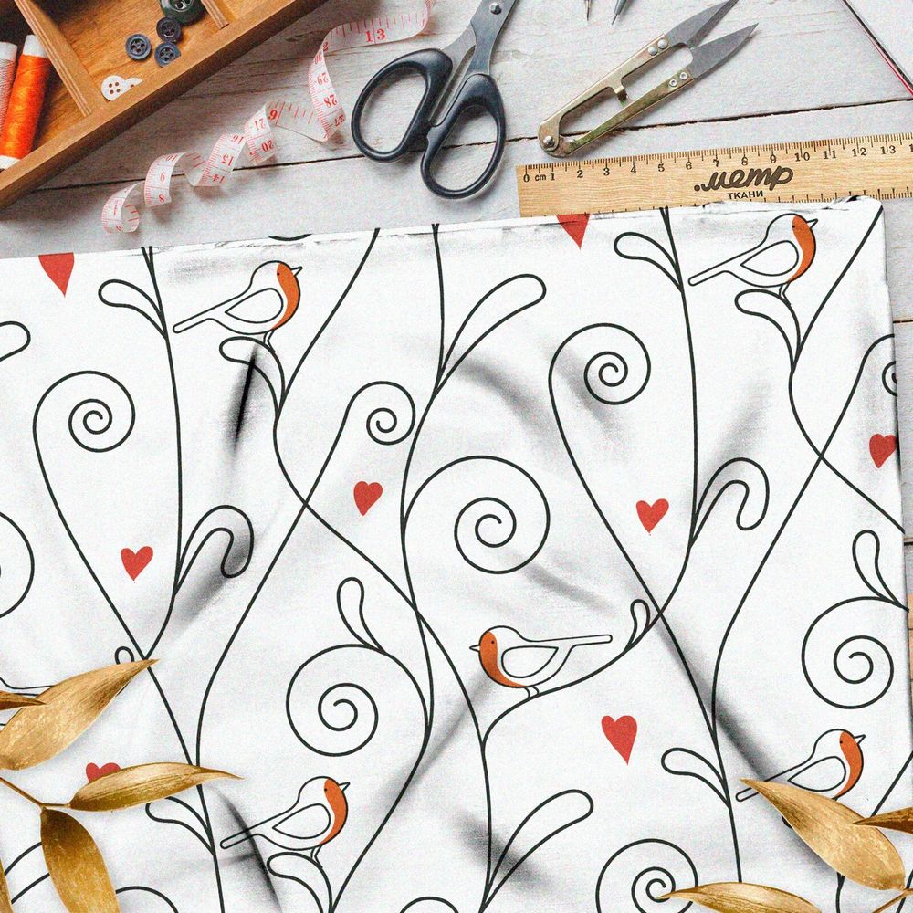Ткань таффета снегири и завитки на белом фоне