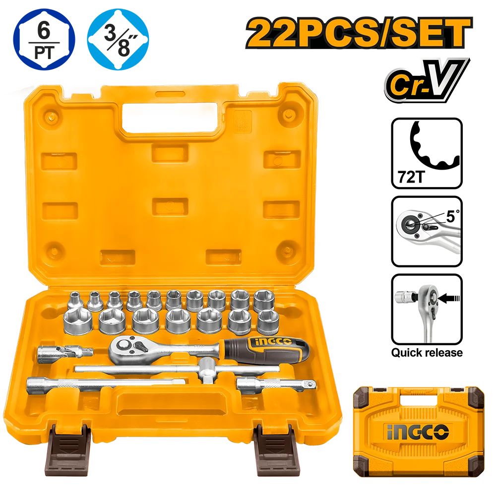 Набор торцевых головок с трещоткой INGCO HKTS38221 INDUSTRIAL 3/8" 6-21 мм 22 шт.
