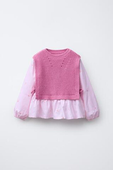 ZARA РУБАШКА С ВЫШИВКОЙ «СЕРДЦА» И ТРИКОТАЖНЫЙ ЖИЛЕТ, РОЗОВЫЙ