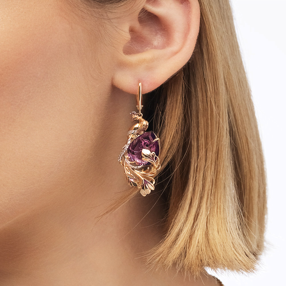 Серьги «Жар-птицы» с английским замком из красного золота с аметистом, натуральными топазами white и эмалью