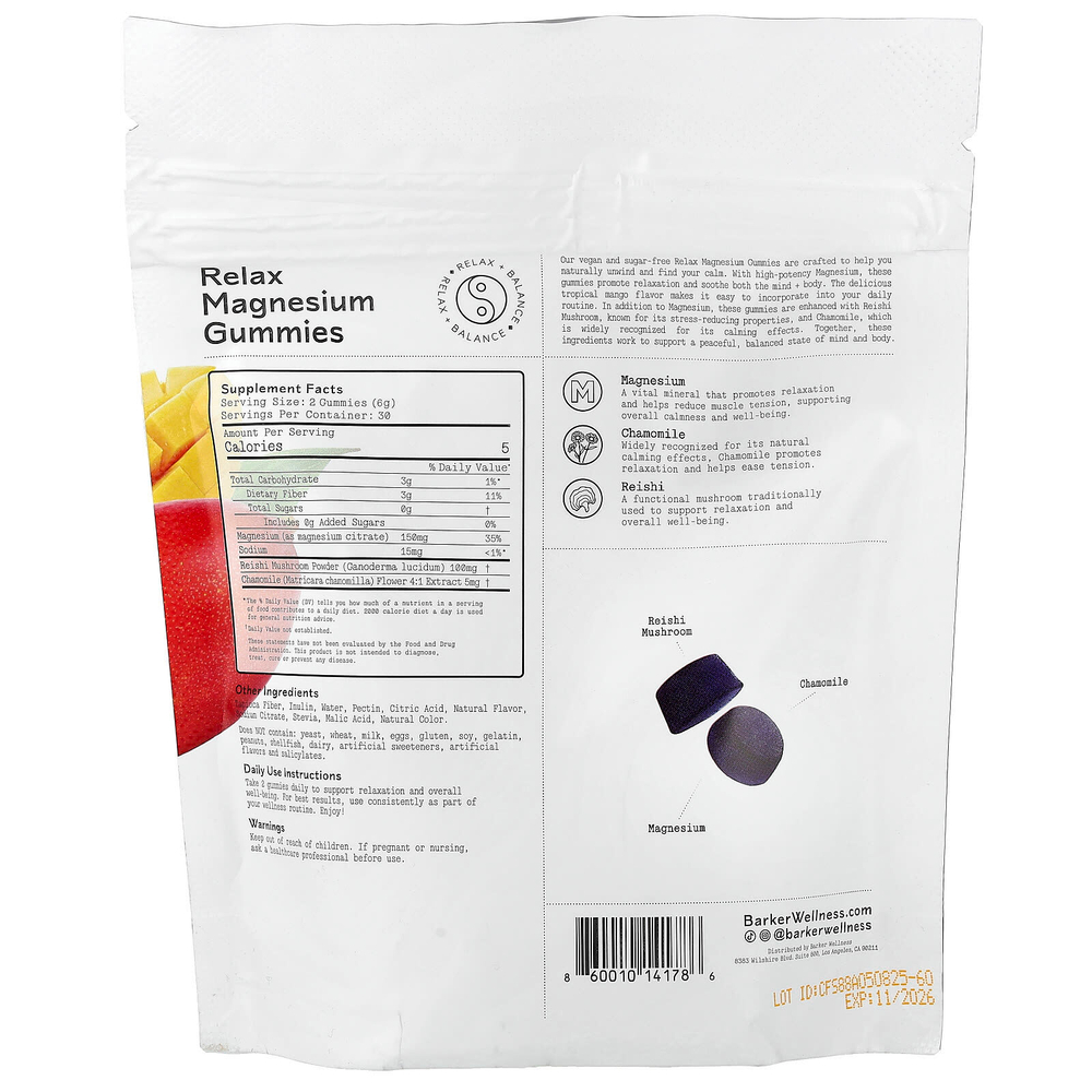 Barker Wellness Co, Relax, жевательные мармеладки с магнием, со вкусом тропического манго, 60 жевательных таблеток