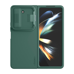 Чехол зеленого цвета покрытый жидким силиконом от Nillkin для Samsung Galaxy Z Fold 5, серия CamShield Silky Silicone Case (Stand Version) (версия с подставкой)