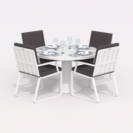 Обеденная группа Ideal Patio ДИВА АЛЬБА  каркас белый, стол стекло диа 110, ткань антрацит