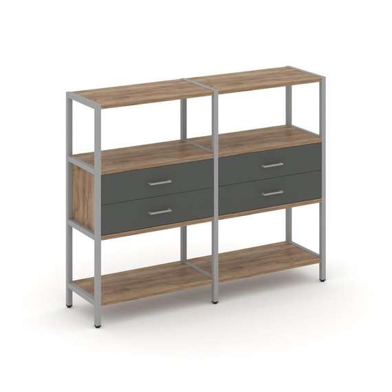 Shelf System Двухсекционный стеллаж трехярусный с ящиками SN.STM-322 Дуб Табак/Антрацит/Металл Серый