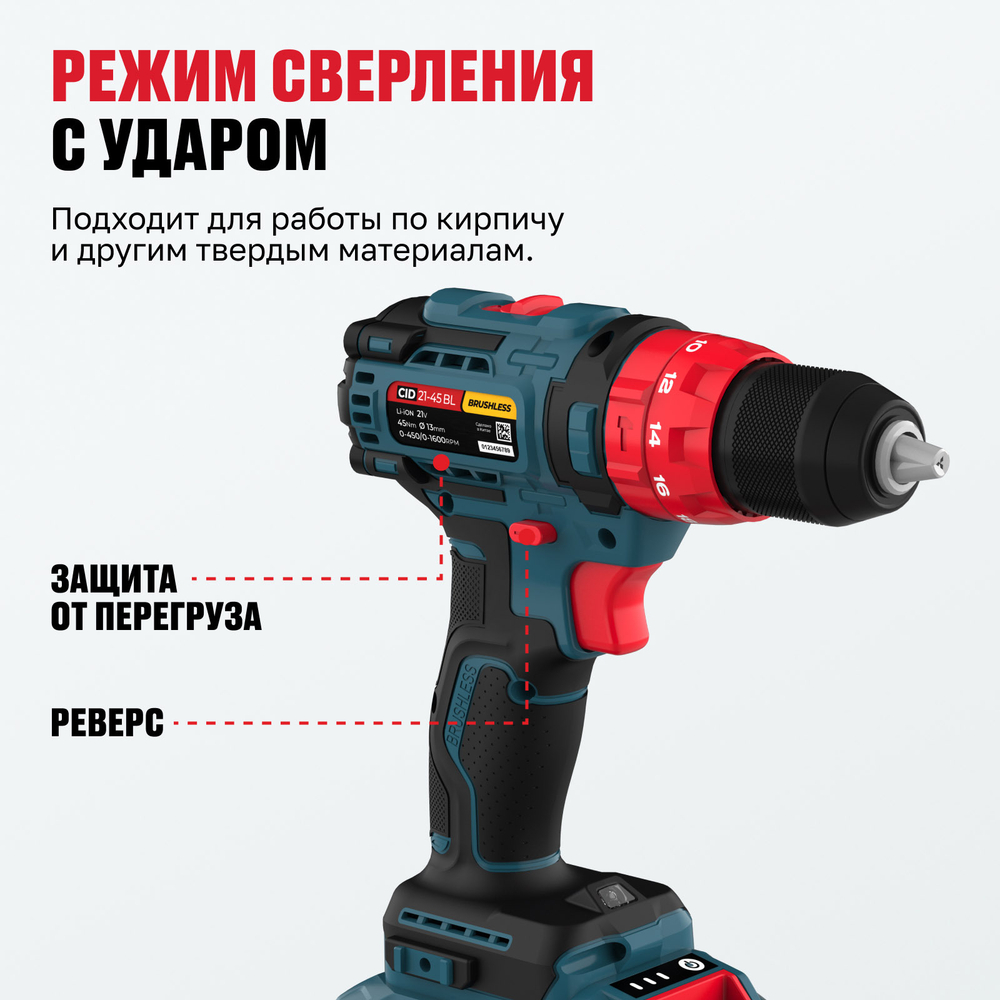 Бесщеточная аккумуляторная ударная дрель-шуруповерт ALTECO CID 21-45 BL X2