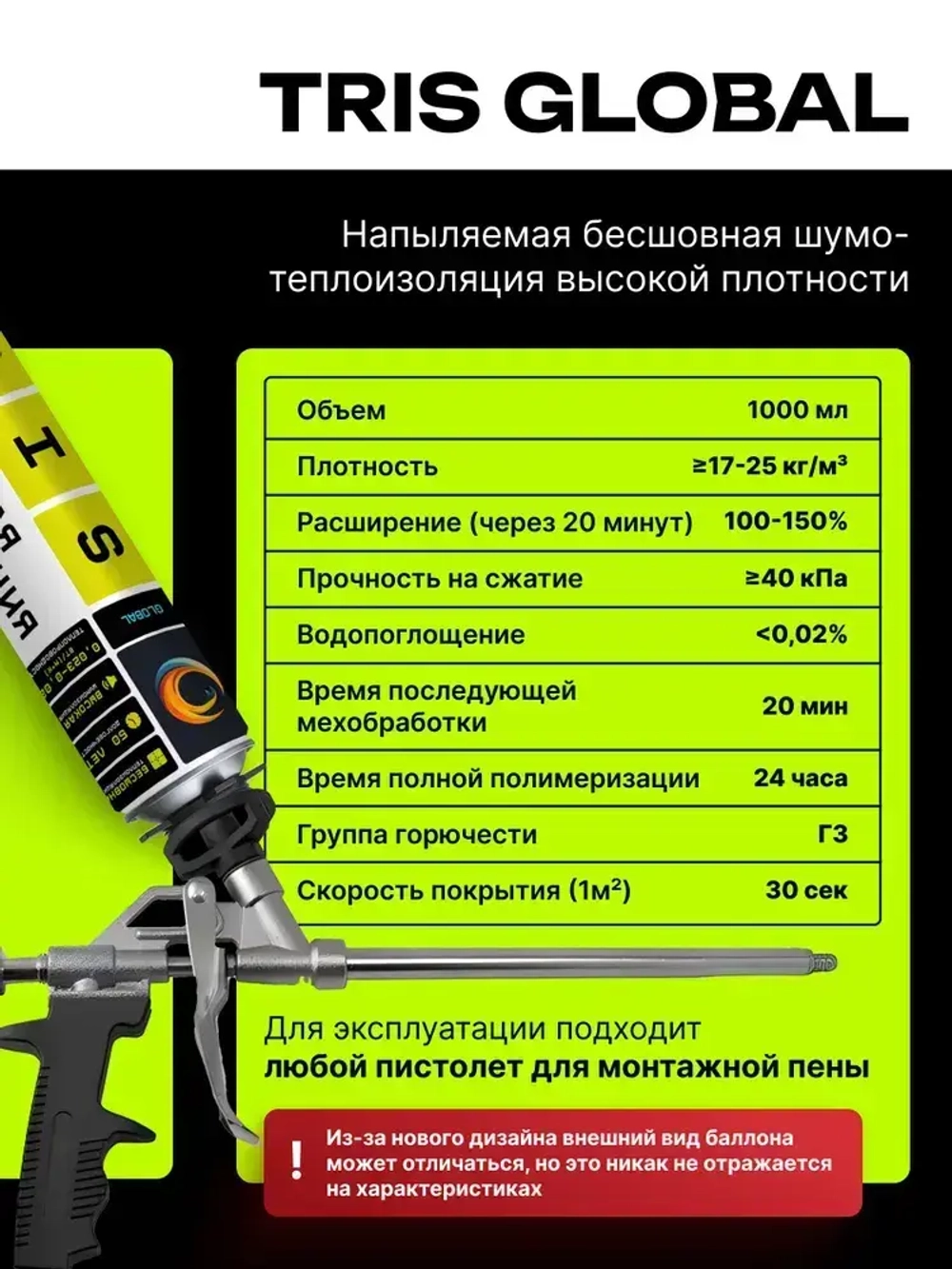 Напыляемая теплоизоляция TRIS GLOBAL 1000 мл., с распылительной насадкой для пистолета