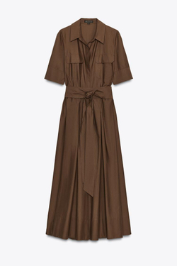 ZARA ПЛАТЬЕ ИЗ ПОПЛИНА — ZW COLLECTION, КОРИЧНЕВЫЙ