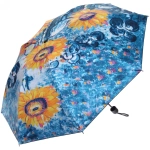 Зонт механический ветроустойчивый, матовая ручка «BESTzontik», подсолнухи на голубом, длина 25см, d-110см