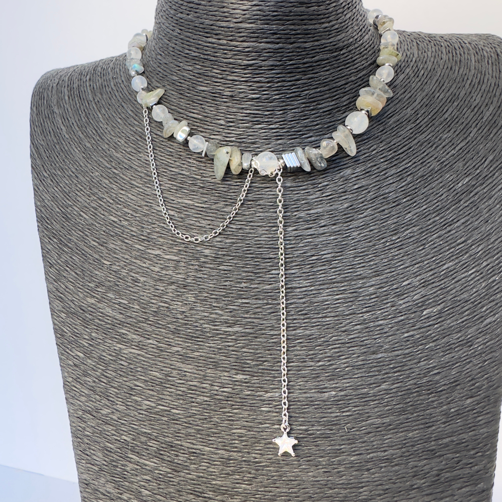 Колье «Лунная Комета» — лабрадорит, адуляр и гематит