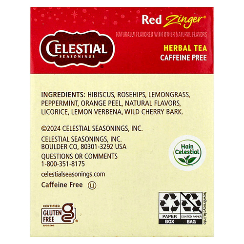 Celestial Seasonings, травяной чай, Red Zinger®, без кофеина, 20 чайных пакетиков, 49 г (1,7 унции)