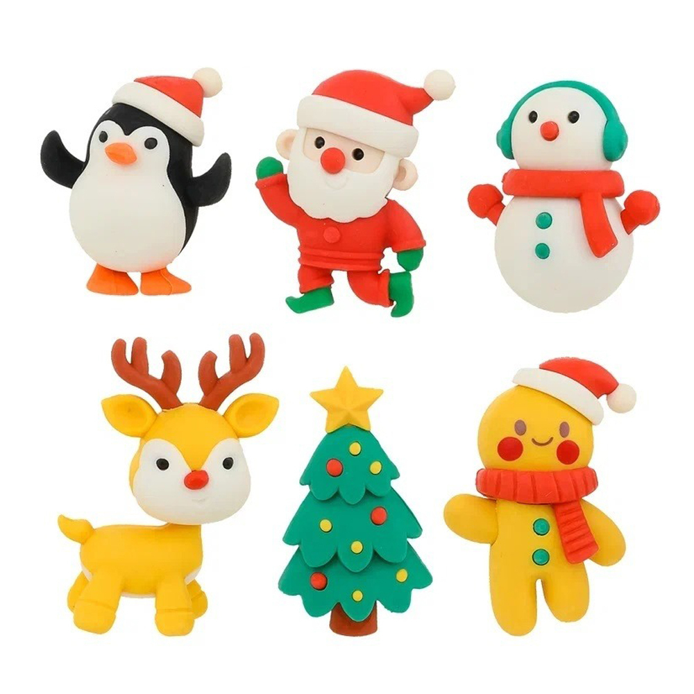 Ластик Qihao, фигурный, разборный, серия "Новогодние", объемный цветной корпус в виде снеговика, Деда Мороза, олененка и елочки, 6 шт