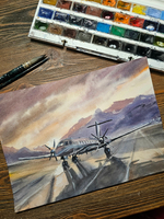 Картина авторская акварельная в паспарту 30х40 см на стену для интерьера "На взлётно-посадочной полосе"