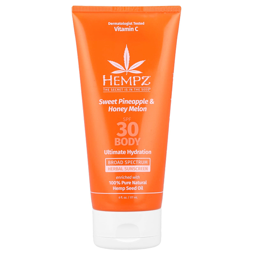 Hempz, Травяное солнцезащитное средство для тела, SPF 30, сладкий ананас и медовая дыня, 177 мл (6 жидк. унц.)