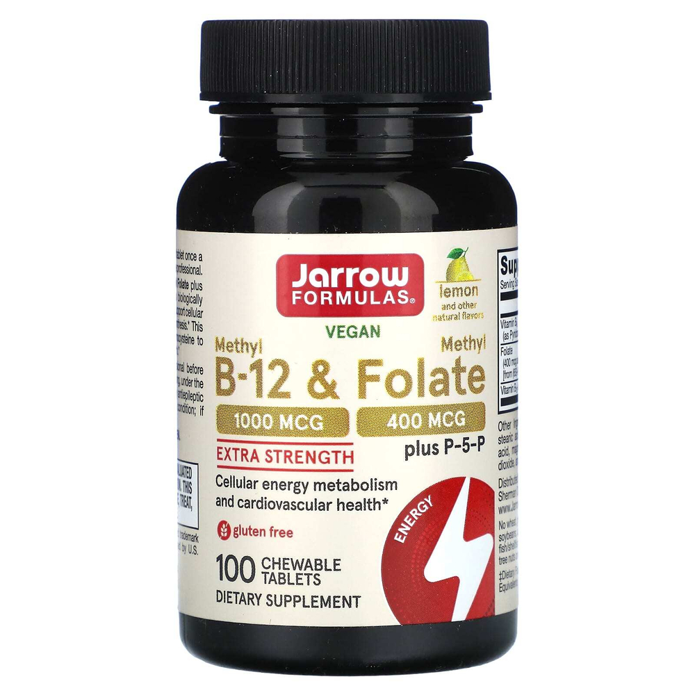 Jarrow Formulas, веганский метил B12 и метилфолат, повышенная сила действия, со вкусом лимона, 100 жевательных таблеток