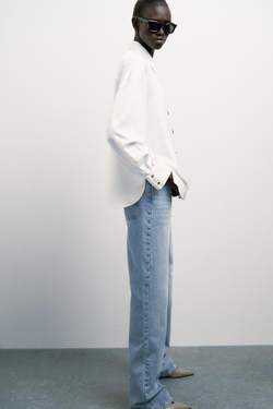 ZARA АТЛАСНАЯ РУБАШКА С КОМБИНИРОВАННЫМИ ПУГОВИЦАМИ, БЕЛЫЙ