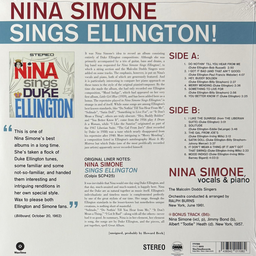 Виниловая пластинка Nina Simone ‎– Nina Simone Sings Ellington! LP
