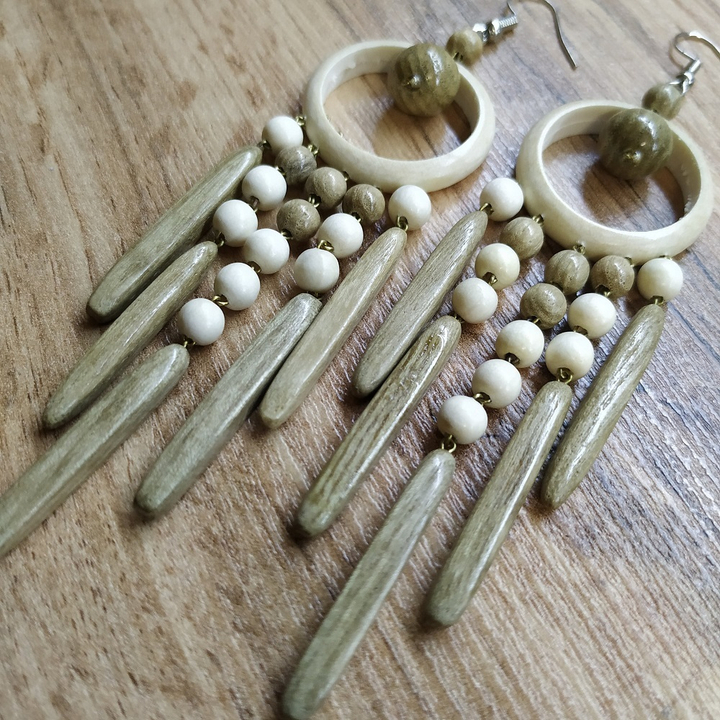 Серьги Кольцо 5 палочек, дерево, цвет светло-коричневый, 28x100 мм