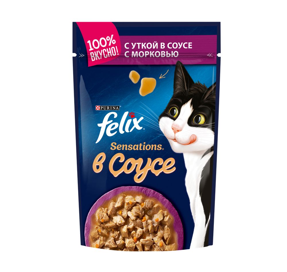 Влажный корм для кошек Felix Sensations кусочки в соусе с уткой и морковью 75 г