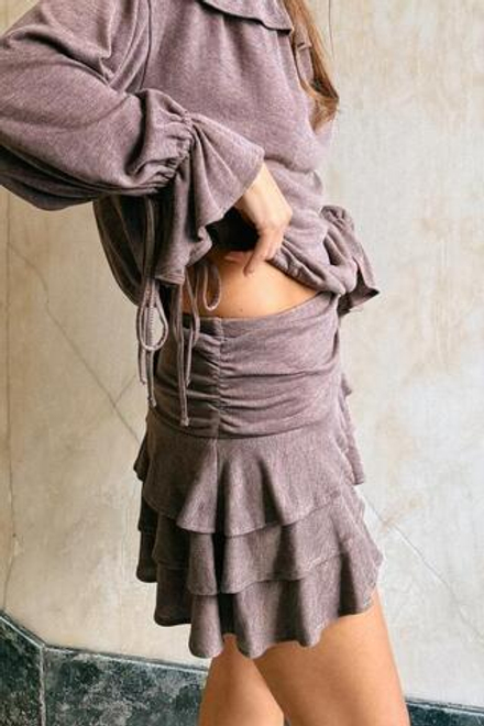 ZARA ЮБКА С МЯГКИМИ ВОЛАНАМИ, КОРИЧНЕВЫЙ МЕЛАНЖ