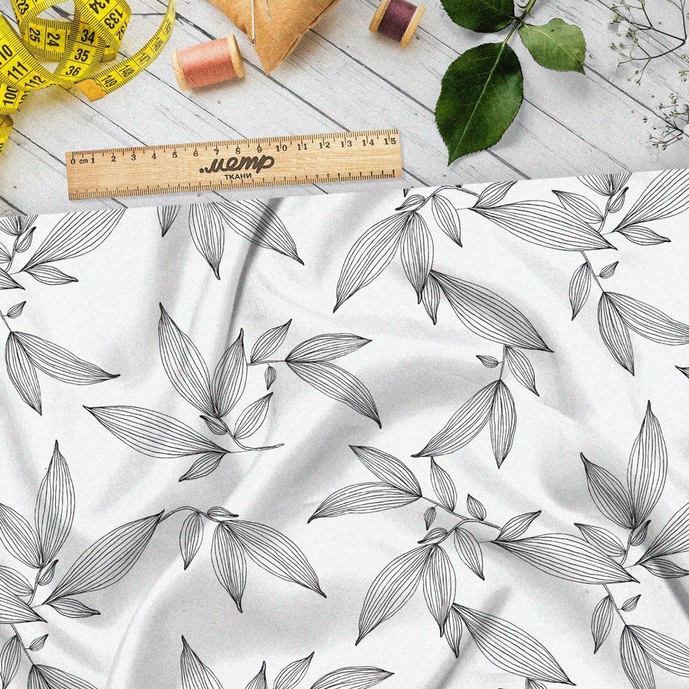 Ткань сатин серые выразительные листья